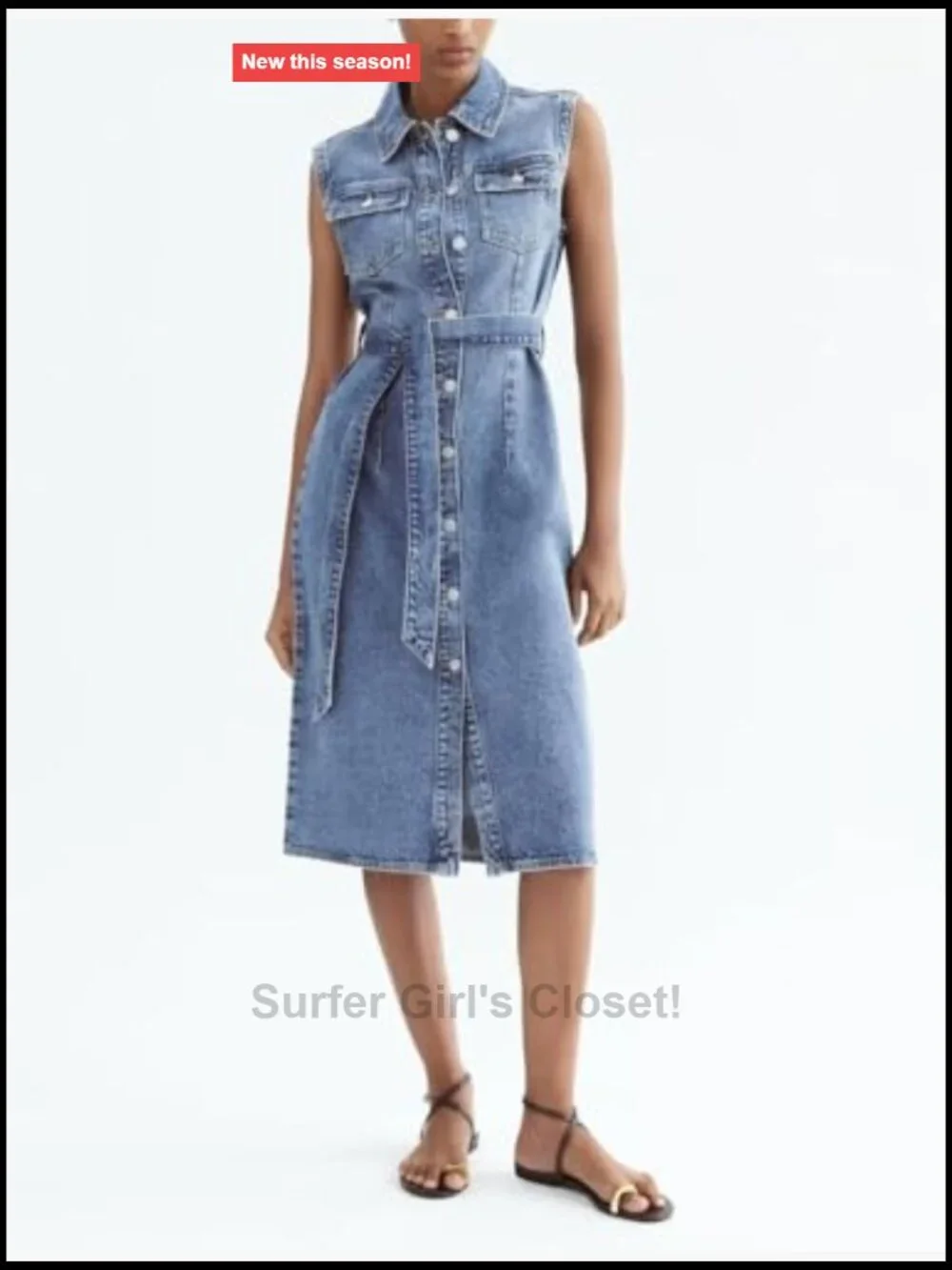 Sleeveless Belted Denim Midi Shirt Dress with Pockets A-Line 2025